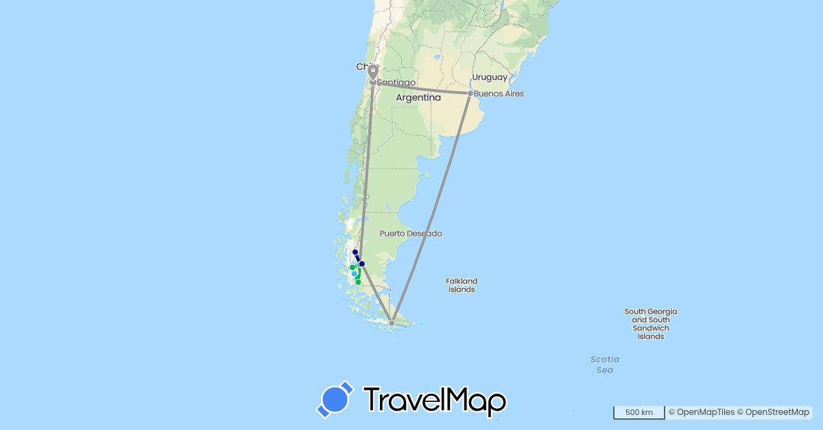 TravelMap itinerary: driving, bus, plane, hiking, boat in Argentina, Chile (South America)